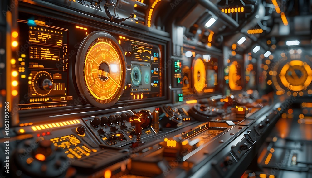 Poster a futuristic control panel with glowing orange accents, displaying various dials and screens in a sl