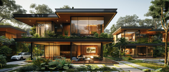 Obraz premium Modern eco-friendly houses with glass facades surrounded by lush greenery and outdoor spaces in a serene setting