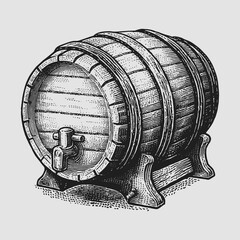 Wooden barrel engraving style illustration.