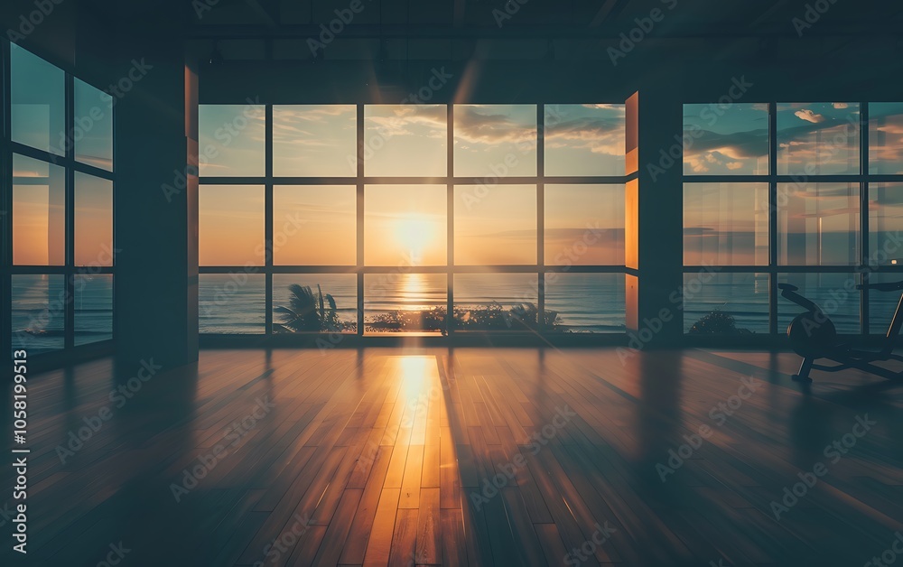Aufkleber an expansive view of a serene sunset over the ocean, framed by large windows within a stylish, moder