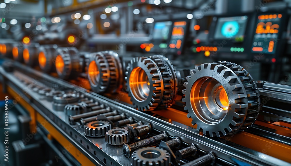 Poster a detailed industrial scene showcasing illuminated gears on a conveyor, highlighting advanced techno