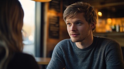 Fototapeta premium A young man engaged in conversation at a cozy café setting.