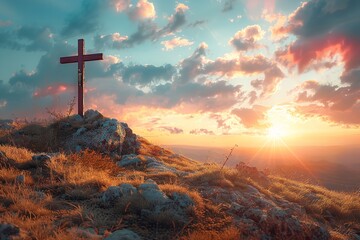 Jesus Christ's crucifixion on the mountainside hill. Generative Ai