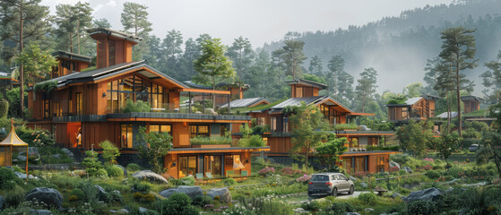 Fototapeta premium Modern eco-friendly homes nestled in a lush forest landscape under a clear sky during the day
