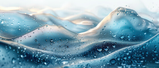 Fototapeta premium Close-up view of rippling water surface with droplets reflecting sunlight at dawn over a serene landscape