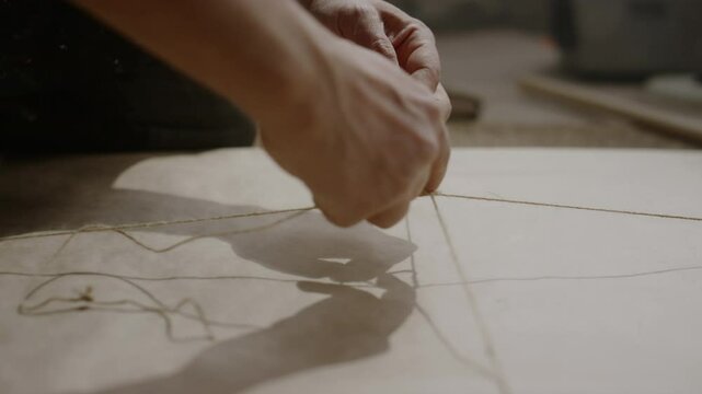 Close-up shot ofhands of unrecognizable craftsman sitting on floor in studio, preparing artwork for sending by post, tying painting wrapped in brown paper with string