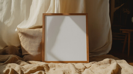 Blank wooden frame mockup on rustic fabric with natural light for minimalist interior design inspiration
