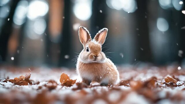 Cute rabbit sitting on fallen leaves covered with snow in winter or autumn forest. Arctic hare. Funny Christmas animal. First snow. Beautiful scene from wild nature landscape