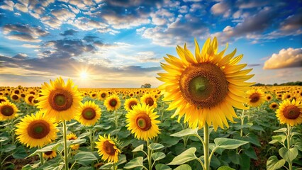 Sunflower field landscape with tall sunflowers swaying in the wind, tall sunflowers, sunny day, nature scene