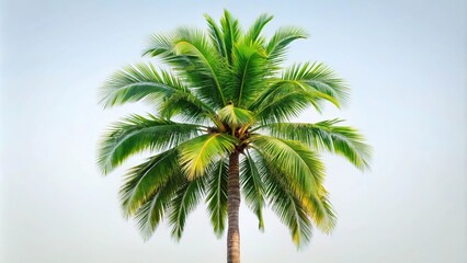 Fototapeta premium Symmetrical tall palm tree with lush green fronds against clear blue sky background