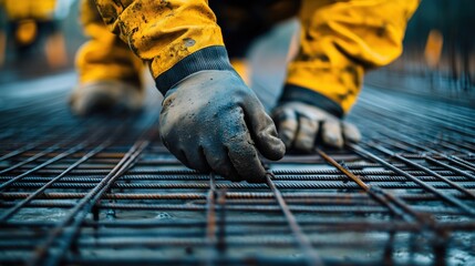 Construction Worker Securing Rebar on Site. Close-up of a construction worker’s gloved hand installing rebar reinforcement on a construction site, wearing yellow safety gear.