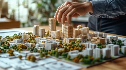 Obraz premium Architect Arranging Buildings on City Model. Architect arranging model buildings on a detailed city layout, emphasizing urban planning, real estate development, and architectural design.