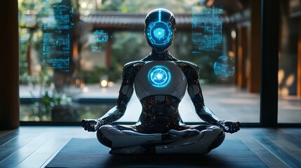 Human-like robot sitting cross-legged, its brain a blend of organic neurons and glowing AI chips, in a minimalistic zen room with floating holograms of knowledge