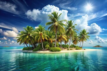 Obraz premium Tropical island with palm trees swaying gently in the breeze, beach, sky, nature