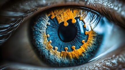 Macro shot of an iris with geometric puzzle pieces intertwining, depicting layers of consciousness, self-awareness, and cognitive development