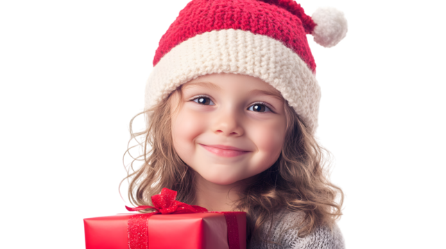 Isolated girl child, Christmas and gift in portrait, smile and excited for festive holiday isolated on white background