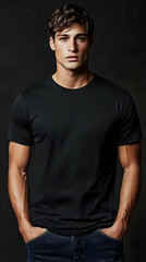 Portrait of Young Man in Black T-shirt with Hands in Pockets