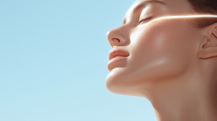 Close-up facial shot of a tanned woman, glowing skin-lifting lines on her cheeks, natural sunlight enhancing rejuvenation effect