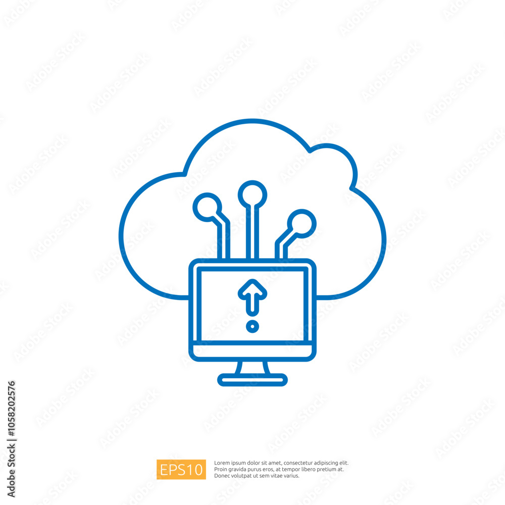 Poster a graphic representation of cloud computing, featuring a computer with an upload symbol and connecte