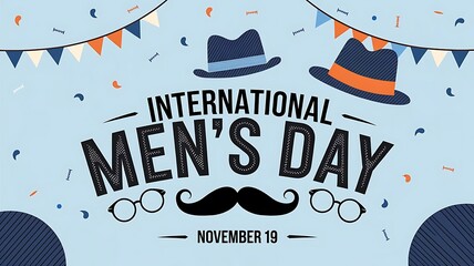 Vibrant International Men's Day Graphic with Playful Mustache, Hat, Glasses, and Festive Confetti on Light Blue Background