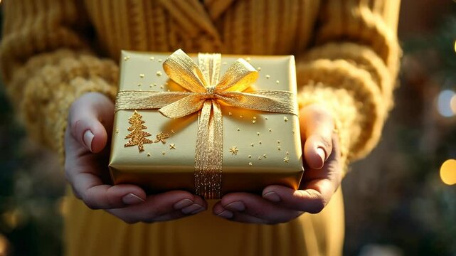 A person holds a gold gift box with a gold ribbon and a small tree design, ready to give a special present during the holiday season