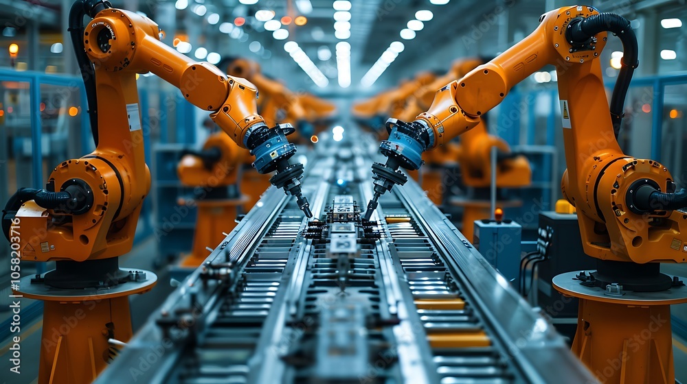 Aufkleber a modern industrial assembly line featuring robotic arms working in unison, highlighting advanced au