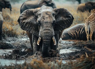 Fototapeta premium elephants playing in mud