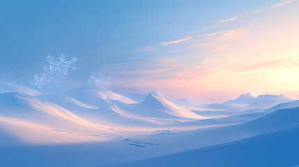 Winter wonderland panorama vast snowy landscape with glistening drifts illuminated by a soft blue sky and delicate snowflakes. Glistening Snowflakes. Illustration