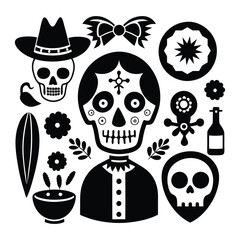 Decorative Mexican Skull with Flowers and Hearts for Day of the Dead, Festive Day of the Dead Skeleton with Floral Elements