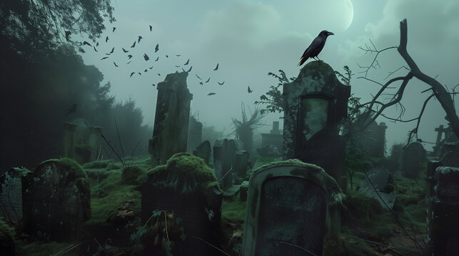 A spooky Halloween graveyard scene, crooked tombstones, cracked and overgrown with moss, a raven perched on a tombstone, thick fog rolling over the ground, moonlit clouds swirling in the sky, faint gl