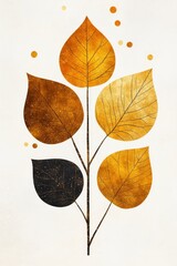 Close up of golden autumn leaves and snowflakes on a blurred background with copy space.