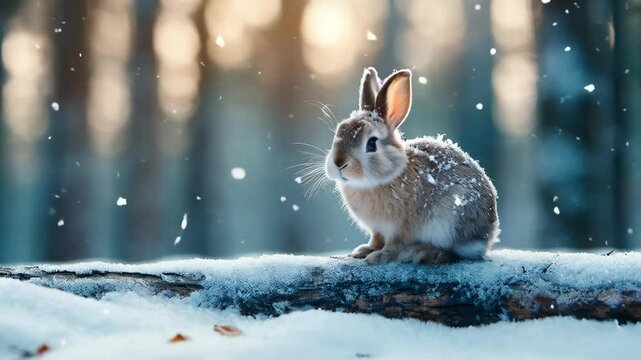 Cute rabbit sitting in snow in winter forest. Arctic hare. Funny Christmas animal. Beautiful scene from wild nature landscape