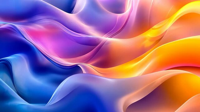 A close-up view of vibrant, abstract waves of blue, purple, and yellow, illuminated by a soft, warm light