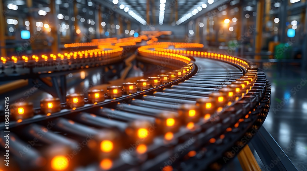 Aufkleber a conveyor belt system with glowing lights, highlighting an industrial setting, showcasing automatio