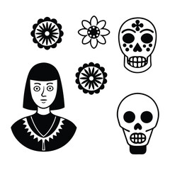 Decorative Mexican Skull with Flowers and Hearts for Day of the Dead, Festive Day of the Dead Skeleton with Floral Elements