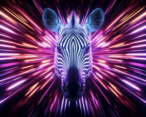 Obraz premium Futuristic zebra pattern, where neon hues radiate from the stripes, merging into an abstract flow on a dark background, giving a glowing, high-energy vibe