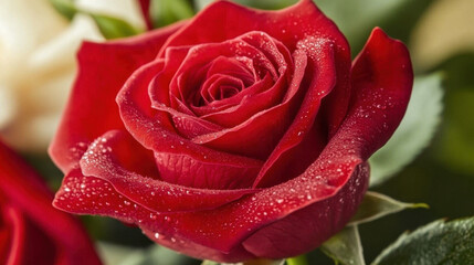 close up of vibrant red rose with dew drops, showcasing its intricate petals and rich color. This beautiful flower symbolizes love and passion, making it perfect gift for any occasion