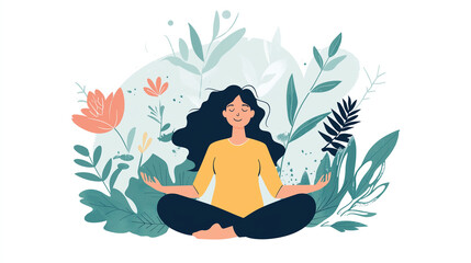 Calm woman meditating in a lotus position, surrounded by plants and flowers. Flat vector illustration with a white background, simple design