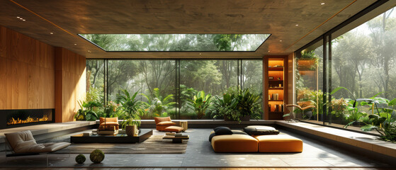 Fototapeta premium Modern living room with expansive glass windows showcasing lush greenery in a serene indoor setting during daylight