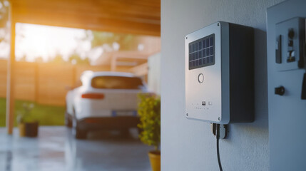 solar inverter is mounted on wall, showcasing its sleek design and functionality. background features car parked in well lit area, emphasizing integration of renewable energy solutions in modern