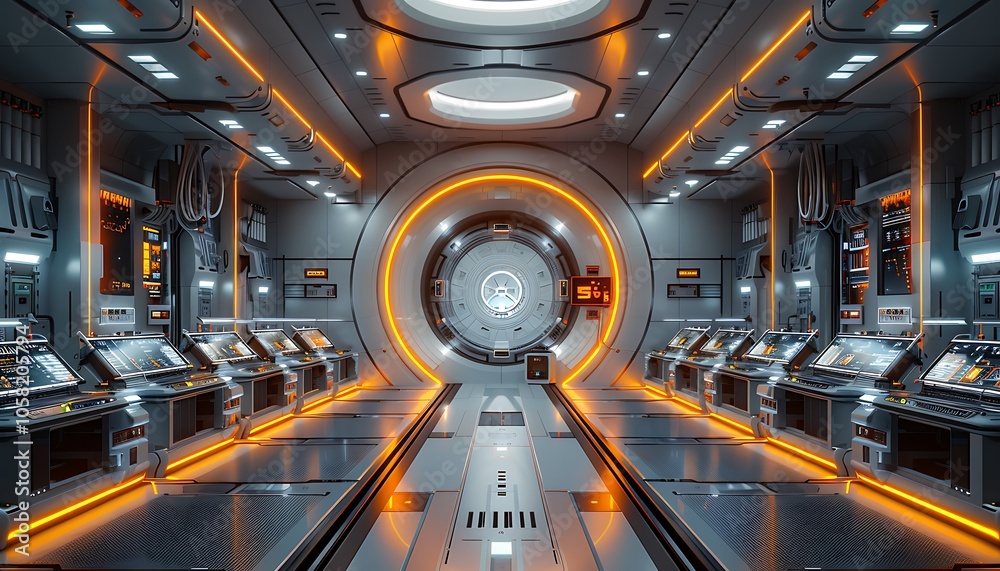Poster a futuristic high-tech corridor with glowing orange accents, featuring advanced machinery and a circ