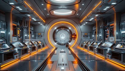 A futuristic high-tech corridor with glowing orange accents, featuring advanced machinery and a circular portal at the end.
