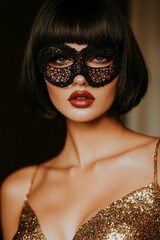 close up of a beautiful woman in a lace mask having eyelid surgery. background copy space.