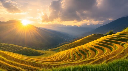 Fototapeta premium Terraced rice field in harvest season in Mu Cang Chai, Vietnam. Mam Xoi popular travel destination. 