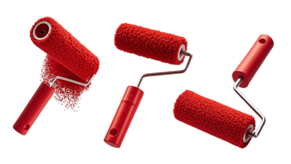Set of red paint rollers in different angles PNG....