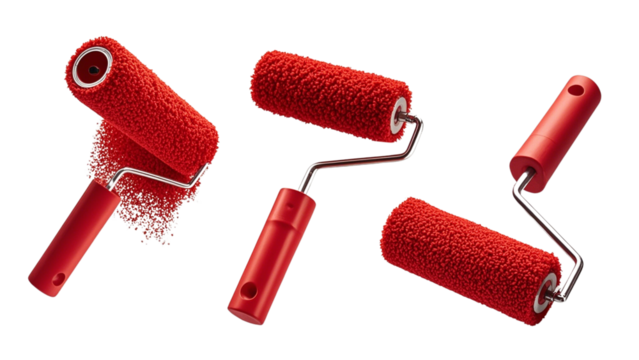 Set of red paint rollers in different angles PNG....
