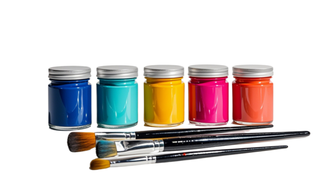 Vibrant Paint Jars and Brushes on Clear Background Supplies PNG....