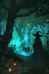 Obraz premium A witch in a dark forest, standing beside a bubbling cauldron, mysterious blue-green mist rising, wearing a long flowing robe and wide-brimmed hat, surrounded by glowing lanterns hanging from branches