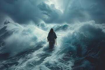 Fototapeta premium At sea waves, Jesus walks on water during a storm. Generative Ai