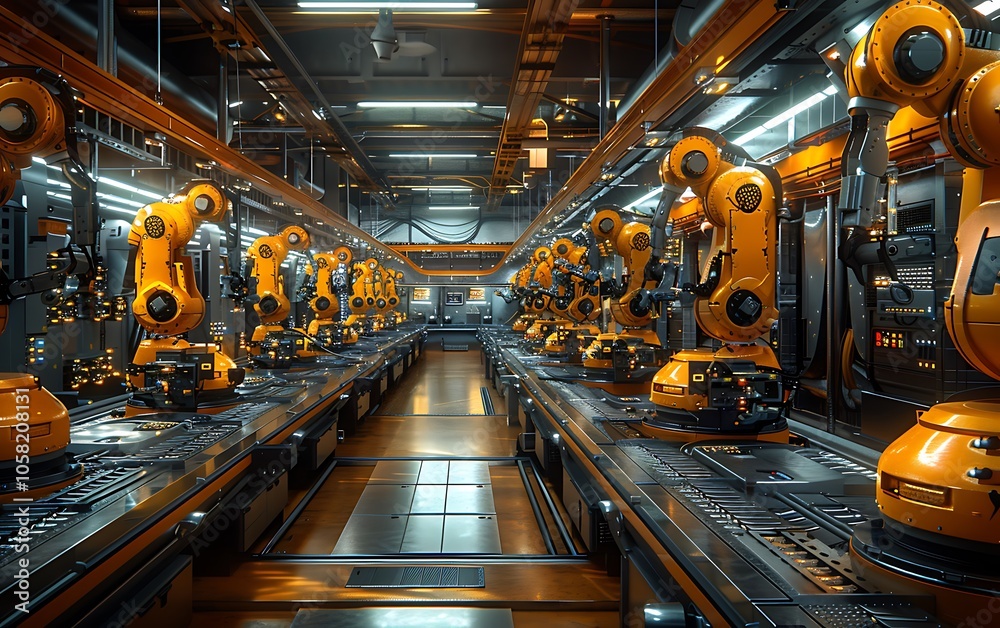 Aufkleber a high-tech industrial scene featuring multiple robotic arms on assembly lines, showcasing automatio